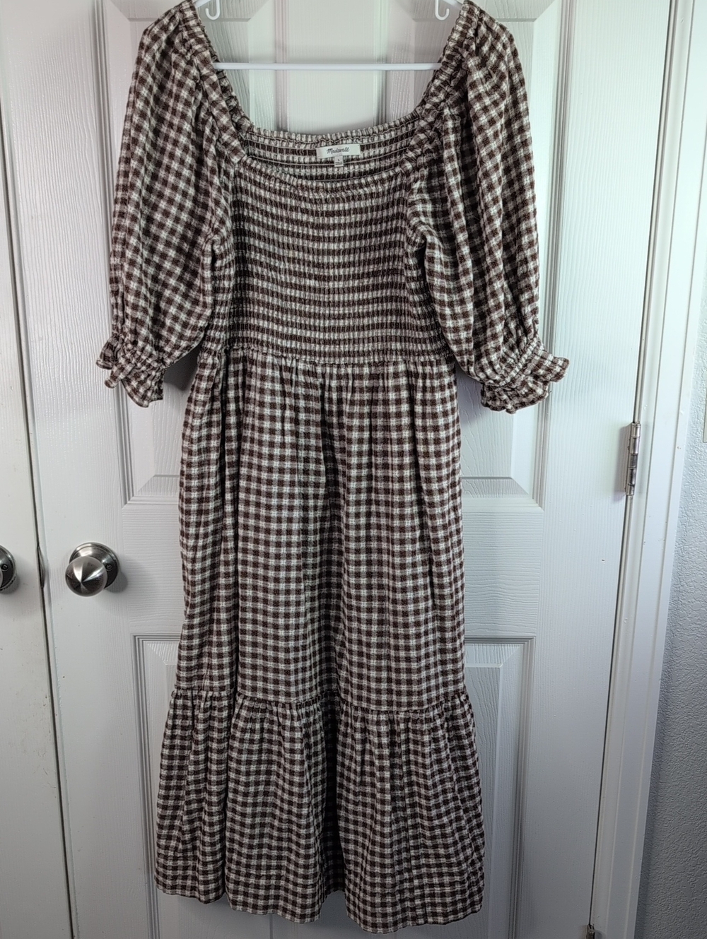 Madewell 100% Cotton Smocked Gingham Midi Dress in Brown and White Size L